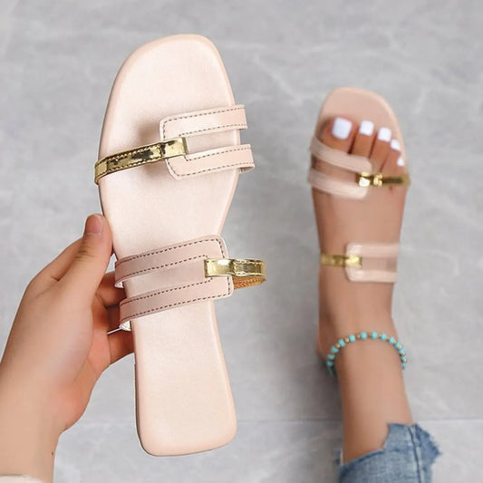 Open-Toe Flats Sandals in Apricot - women's flat sandals