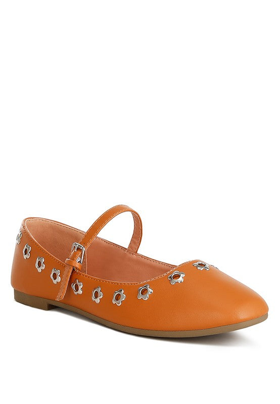 Floral Eyelet Strapped Ballerinas with flexible synthetic soles and a comfortable 0.19-inch heel. Made from faux leather, featuring a closed round toe and delicate floral eyelet and strap detailing. Perfect for stylish, all-day wear with a side buckle closure for a secure fit. Free shipping on all orders. Shop now!