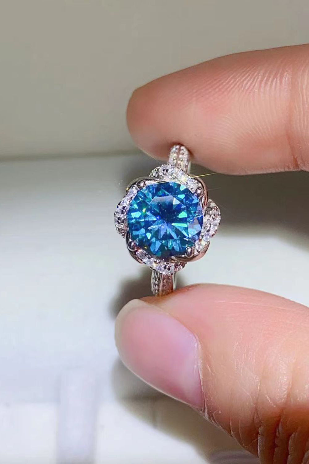 2 Carat Cobalt Blue Moissanite Sterling Silver Ring in Blue - women's ring
