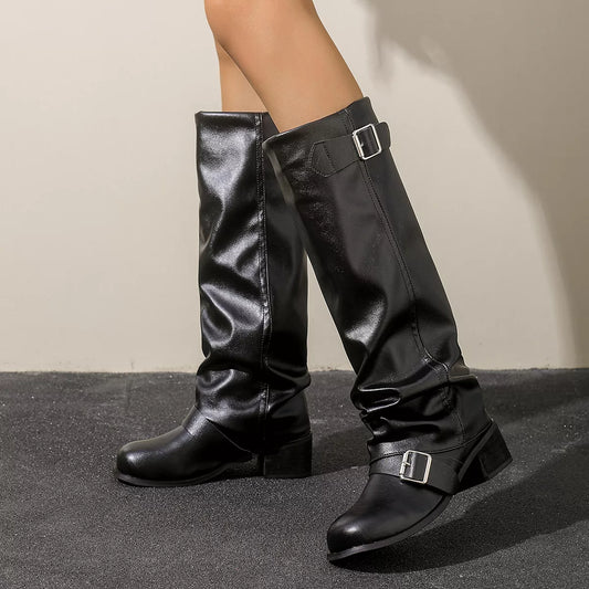 Slouchy Mid-Calf Boots with Buckle Straps in Black - women's mid-calf boots