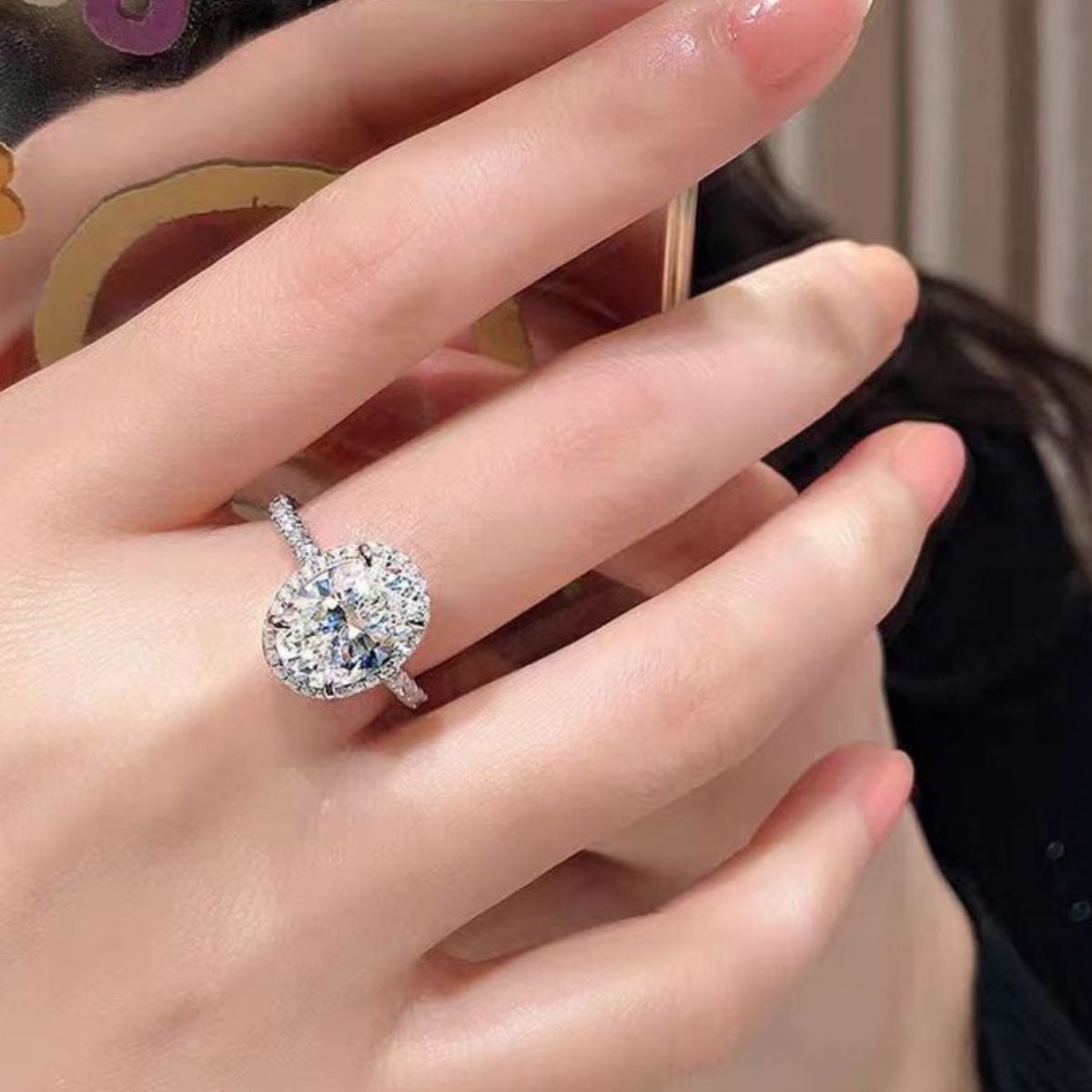 2 Carat Moissanite Sterling Silver Oval Ring - alternate ring view