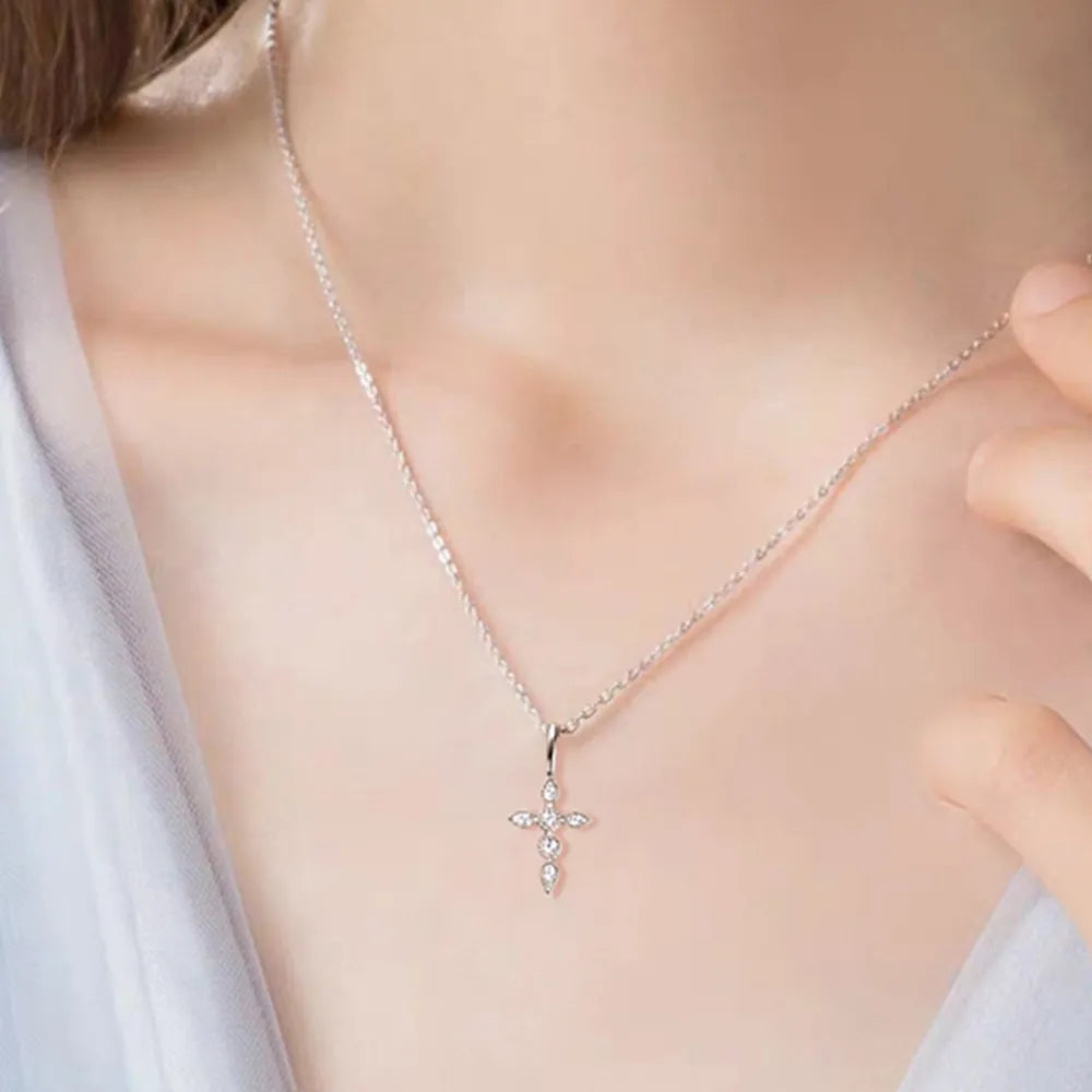 Sterling Silver Moissanite Cross Pendant Necklace - alternate necklace view