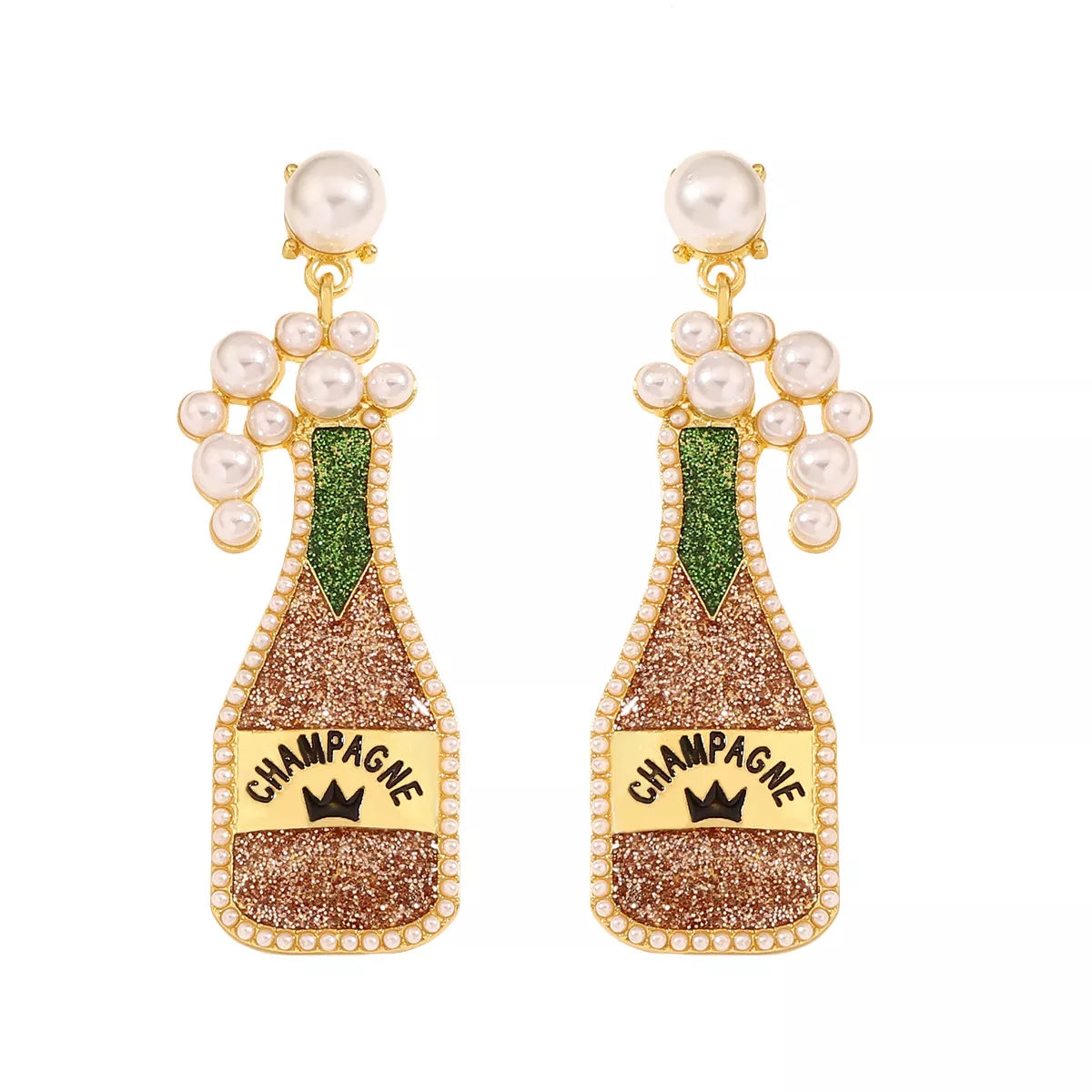 Champagne Bottle Earrings with Pearls - alternate earring view