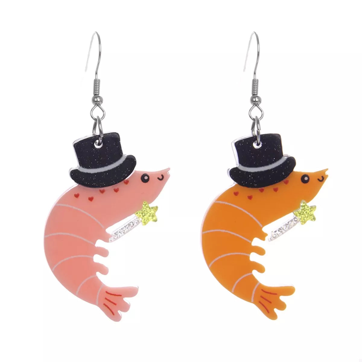 Whimsical Shrimp Earrings with Top Hats - alternate earring view