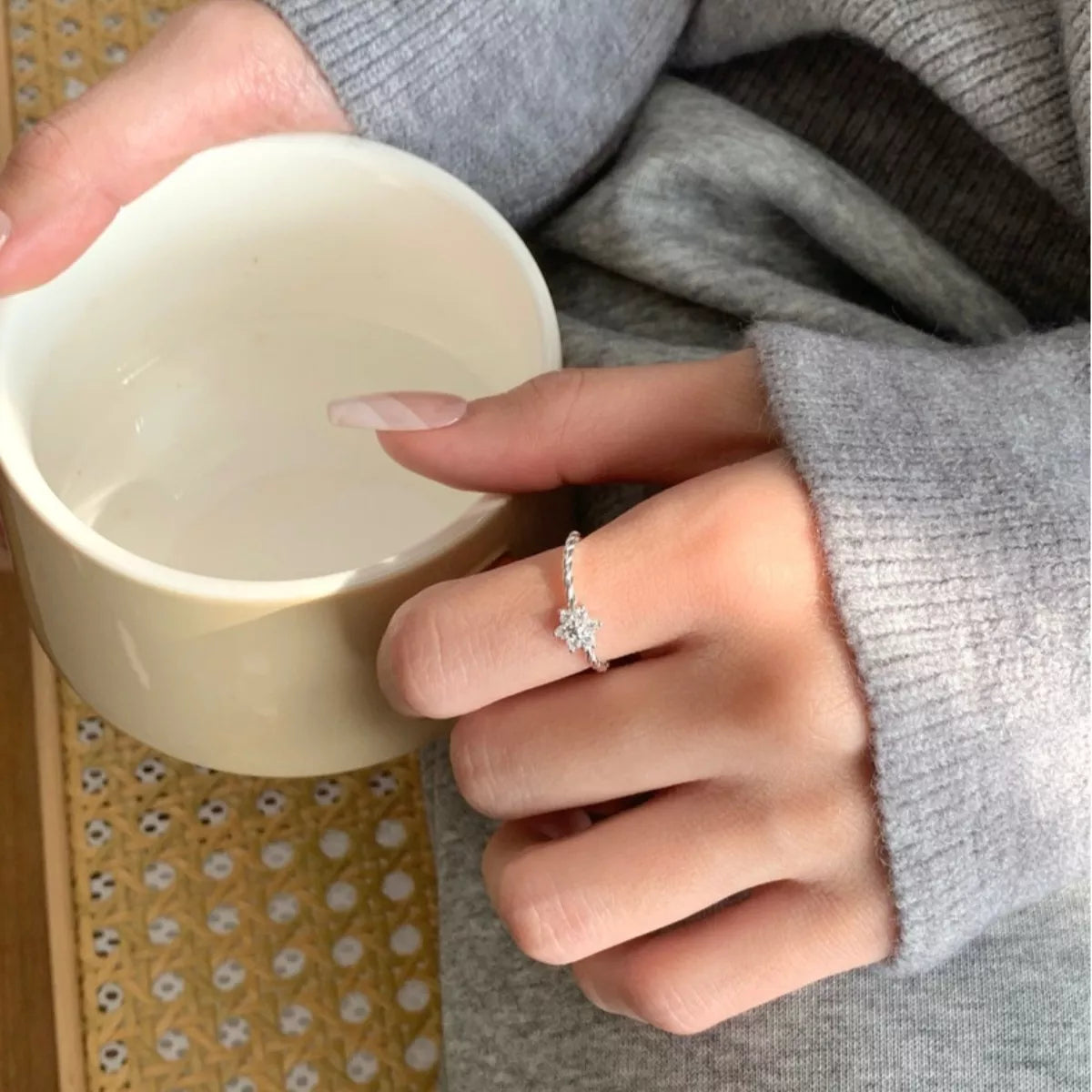 Sterling Silver Zircon Flower Open Ring - alternate ring view