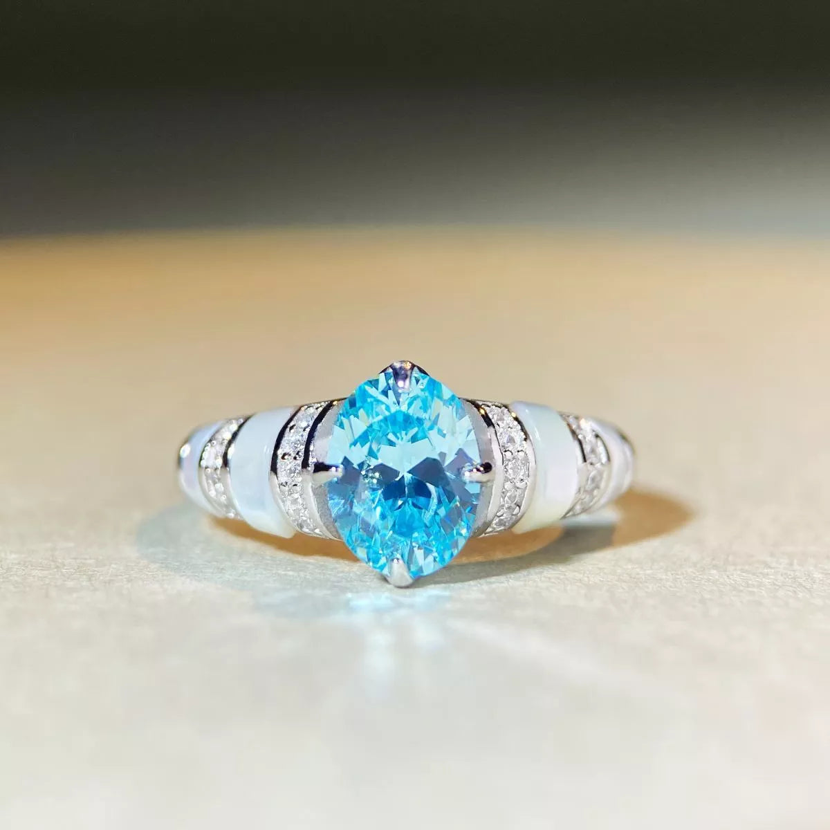 Sterling Silver Zircon Geometric Ring in Sky Blue - women's ring