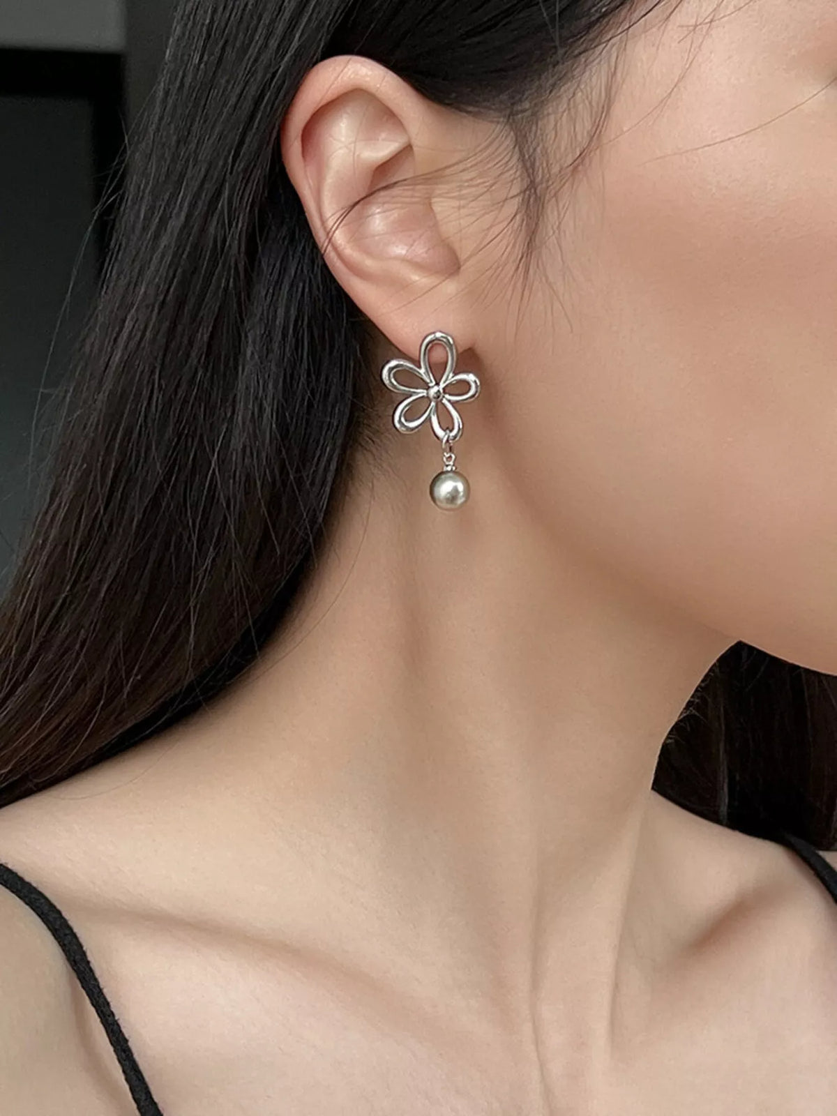 Flower Pearl Drop Earrings in Gray - women's drop earrings