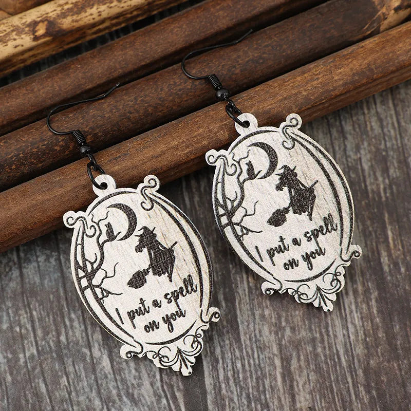 Witch Wooden Dangle Earrings - alternate earring view