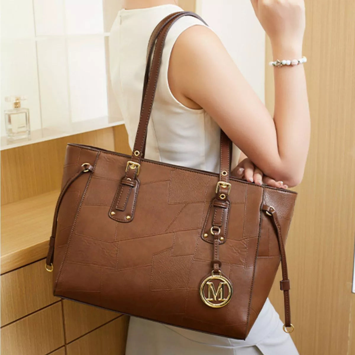 Patchwork Leather Tote Bag with Gold Logo Charm - alternate product view