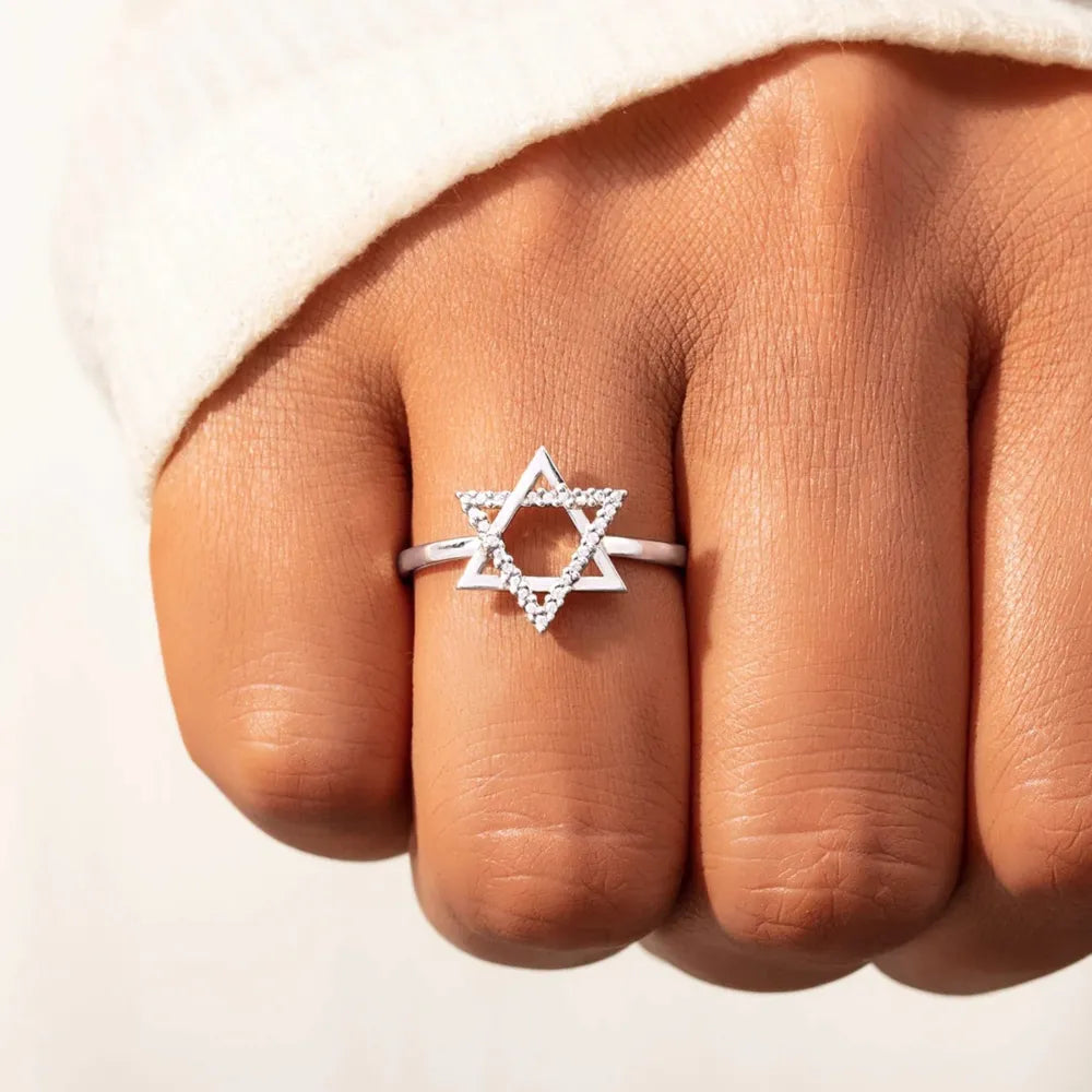 Sterling Silver Inlaid Zircon Hexagram Ring in White - women's ring
