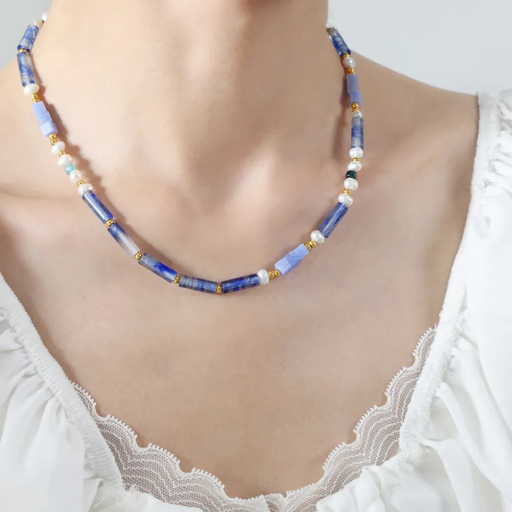 Freshwater Pearl Titanium Steel Geometric Bead Necklace in Light Blue - women's necklace
