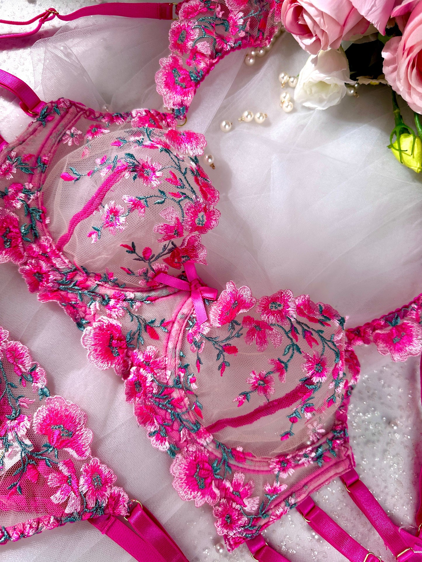 Pink Blossom Embroidery Lingerie Set