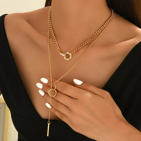 Double Layered Chain Y-Shaped Pendant Necklace in Gold - women's pendant necklace