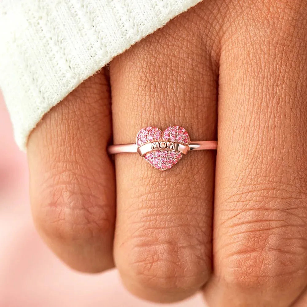 MOM Heart Shape Sterling Silver Engraved Ring in Rose Gold - women's ring