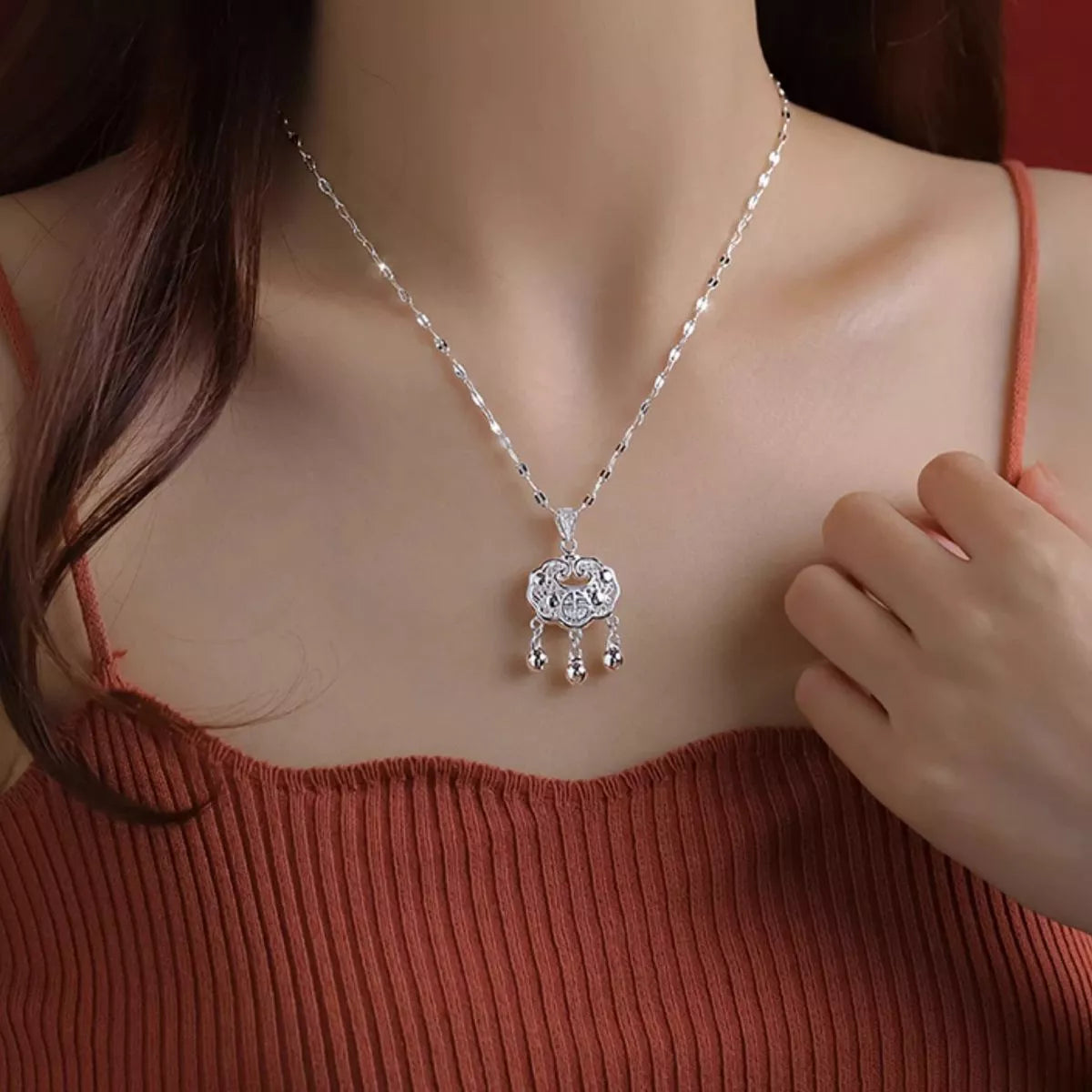 Sterling Silver Lock Pendant Necklace - alternate necklace view