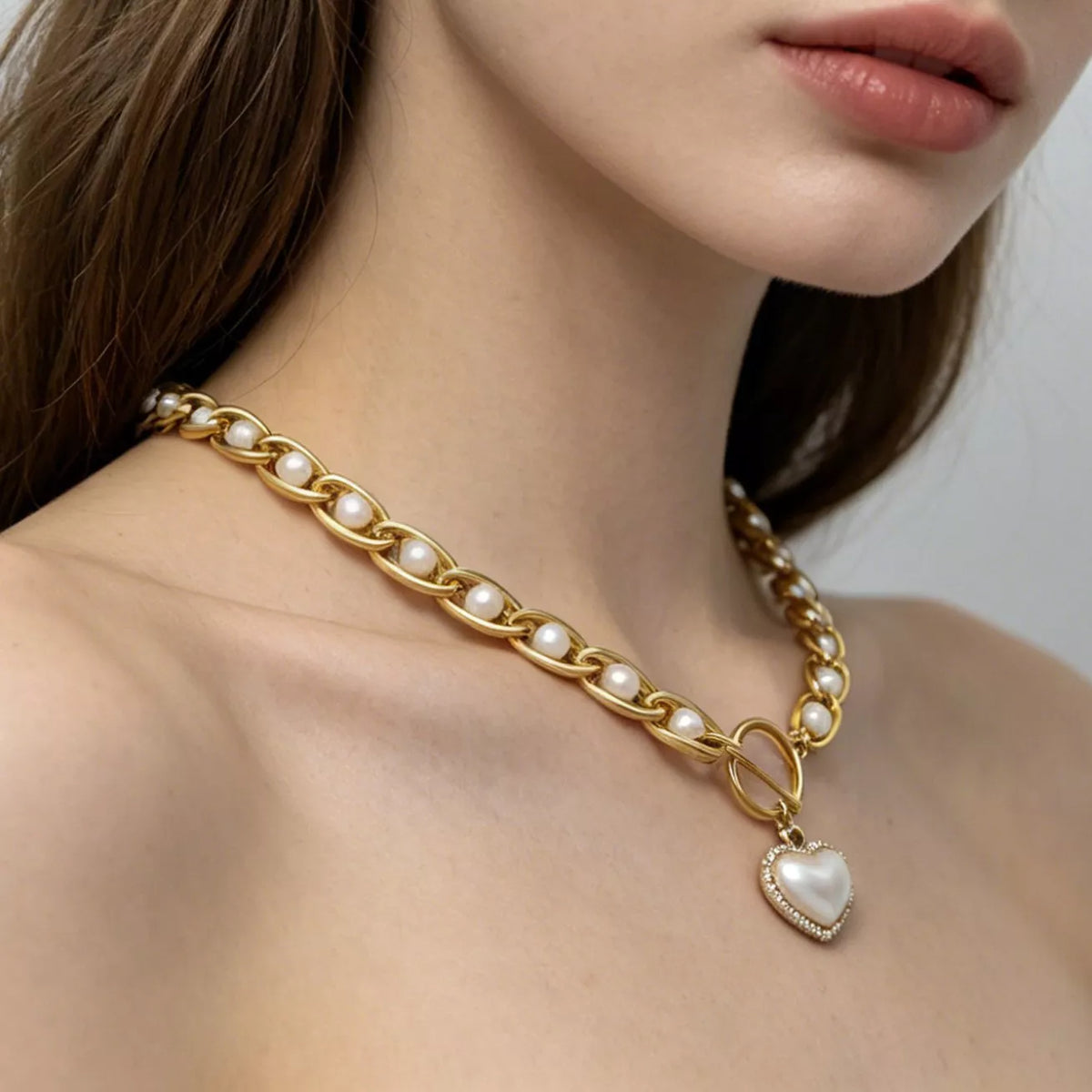 Chunky Pearl and Heart Pendant Necklace - alternate necklace view