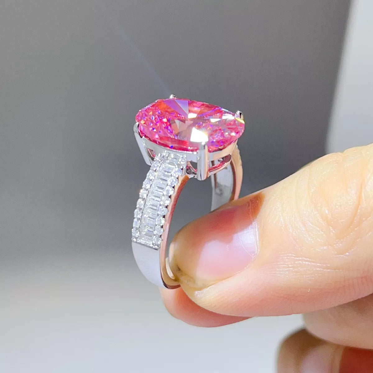 8 Carat Sterling Silver Moissanite Oval Ring in Pink - women's ring