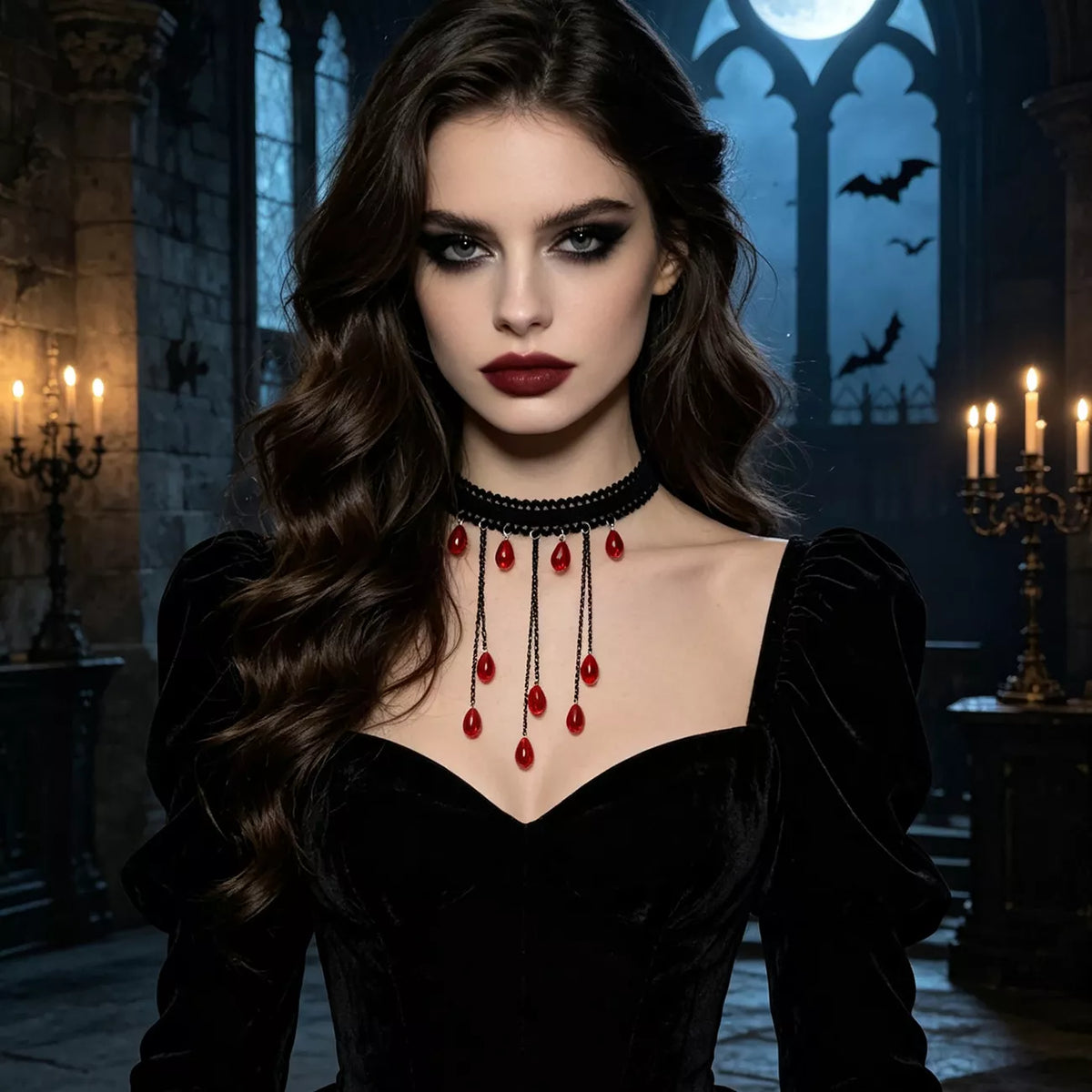 Gothic Lace Choker Necklace with Teardrop Dangle Charms - alternate necklace view