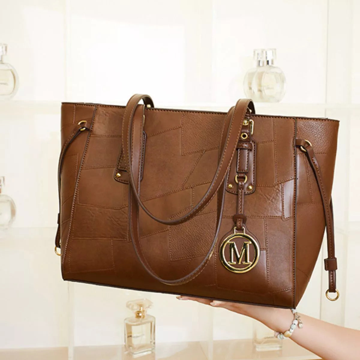 Patchwork Leather Tote Bag with Gold Logo Charm - alternate product view