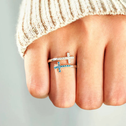 Zircon Sterling Silver Double Cross Bypass Ring in Silver - women's ring