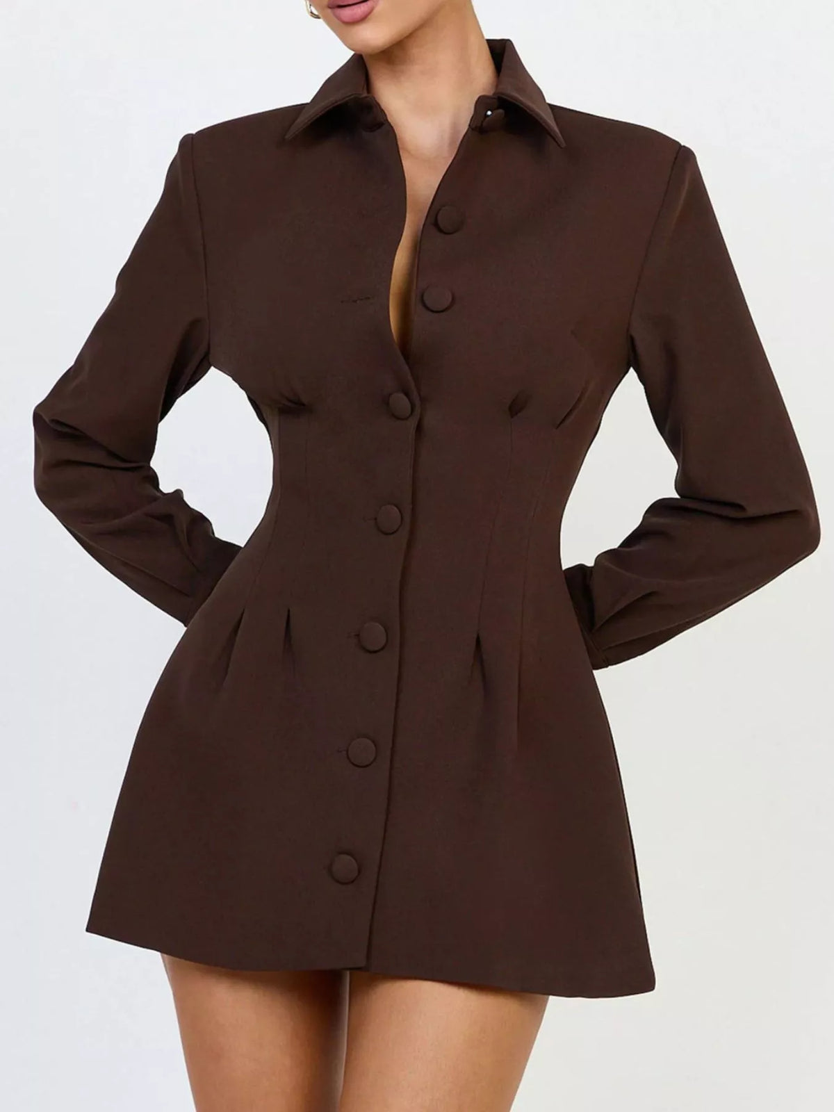 Corset-Style Button-Down Blazer Dress in Brown - Blossom's
