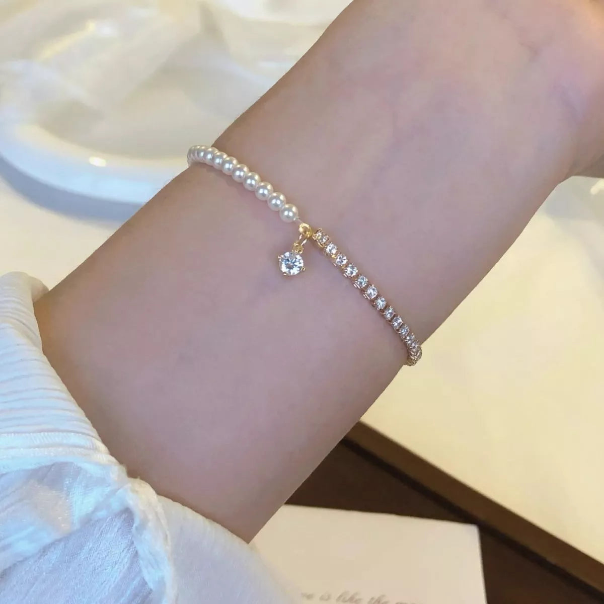 Pearl & Zircon Accent Bracelet in White - women's pearl bracelet