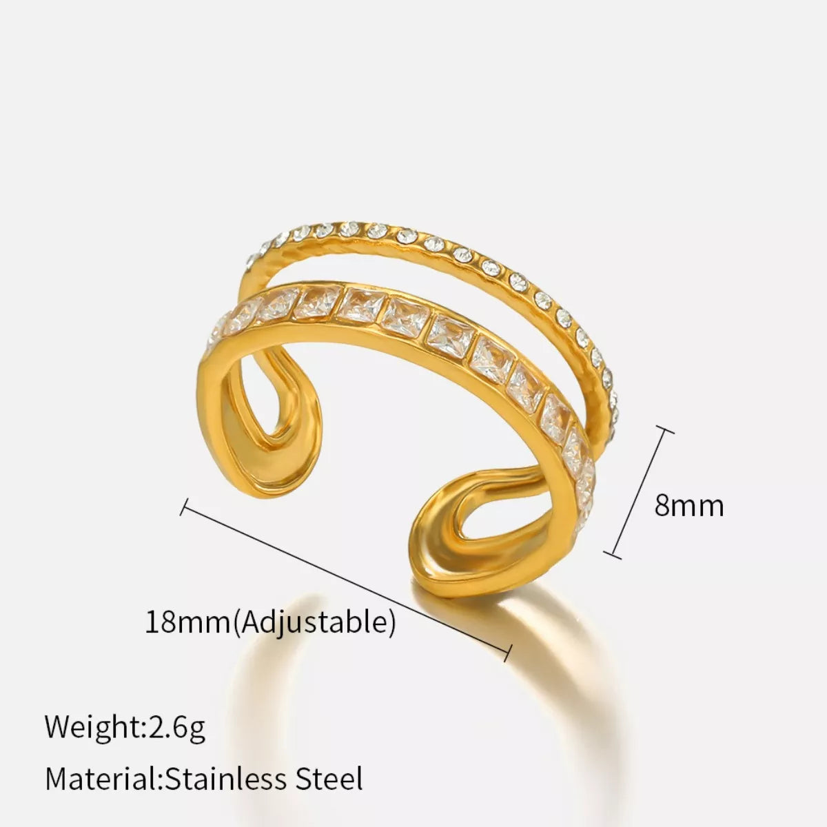 18K Gold-Plated Rhinestone Open Ring - alternate ring view