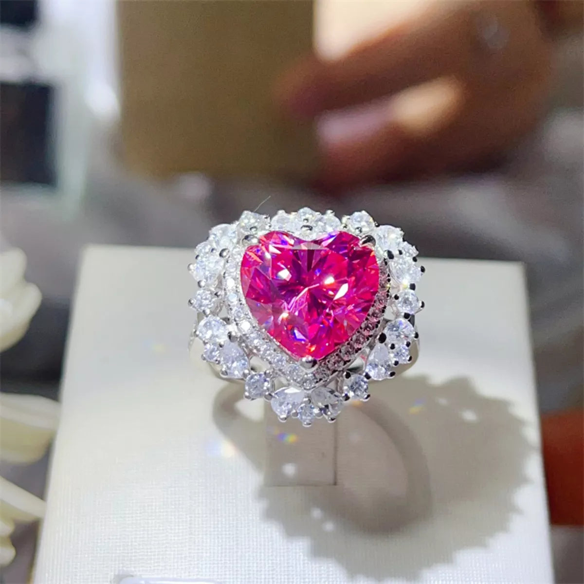 5 Carat Moissanite Sterling Silver Heart-Shaped Ring in Pink - women's ring