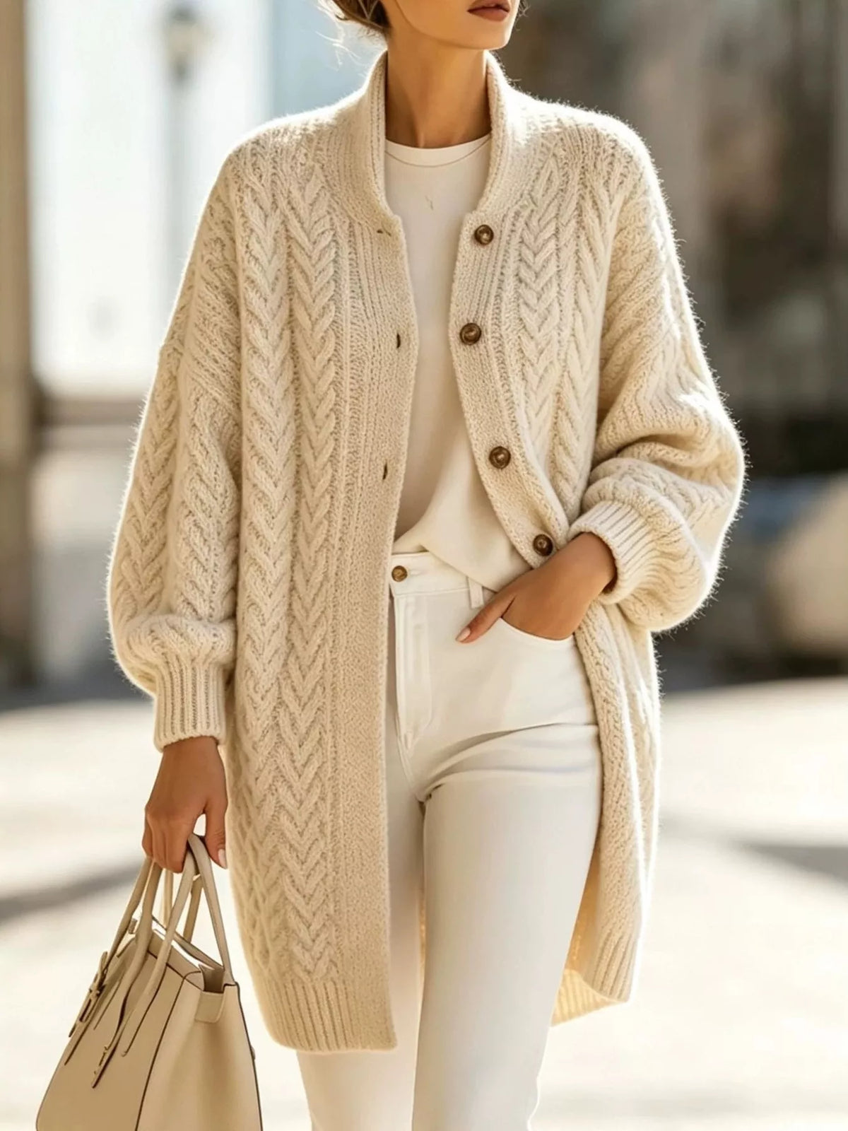 Cable-Knit Button-Down Cardigan in Cream - women's cardigan