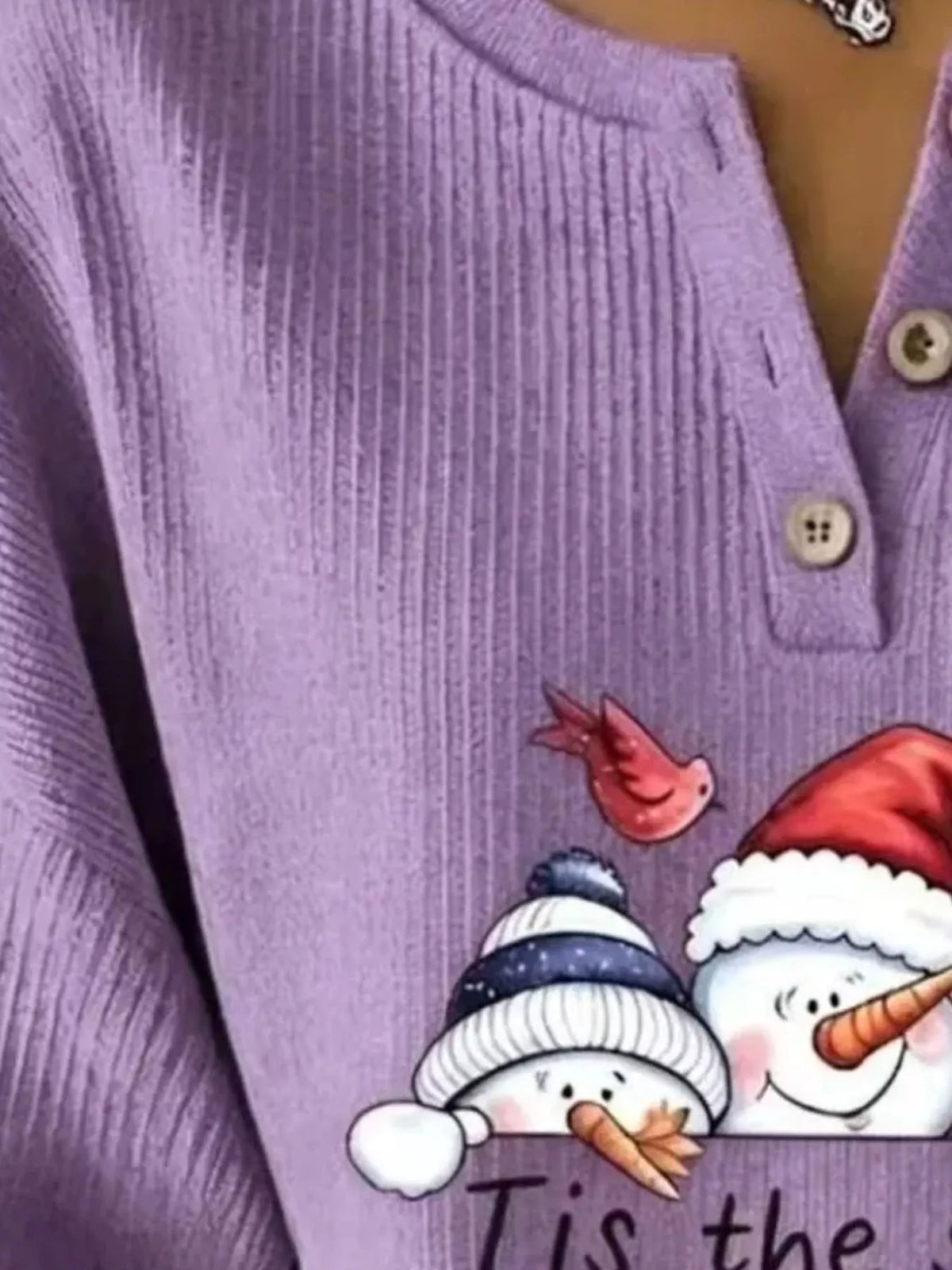 Christmas Themed Snowman Graphic Ribbed Henley Sweatshirt in Scarlet - women's sweatshirt