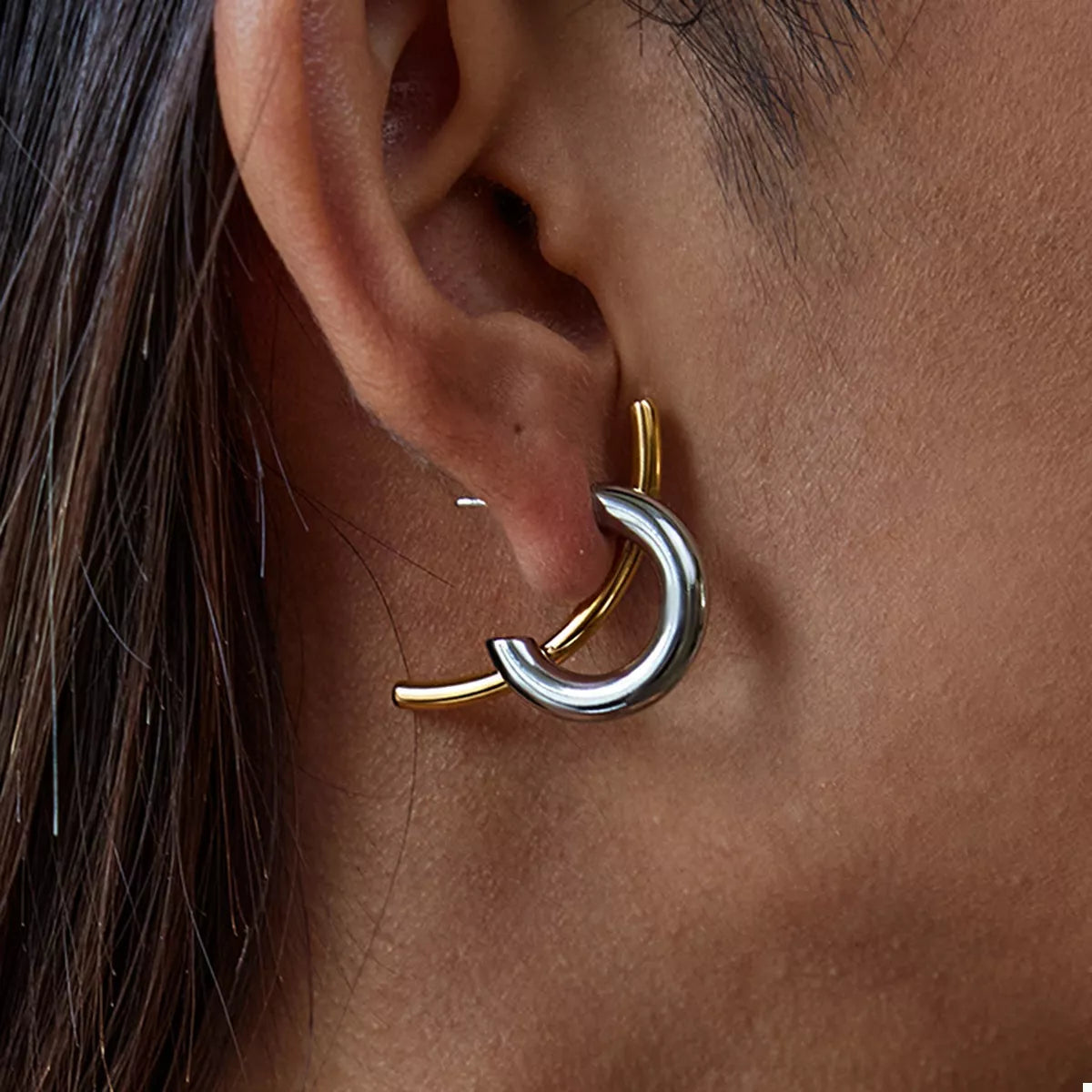 Two-Tone Modern C-Hoop Earrings in Silver - women's hoop earrings