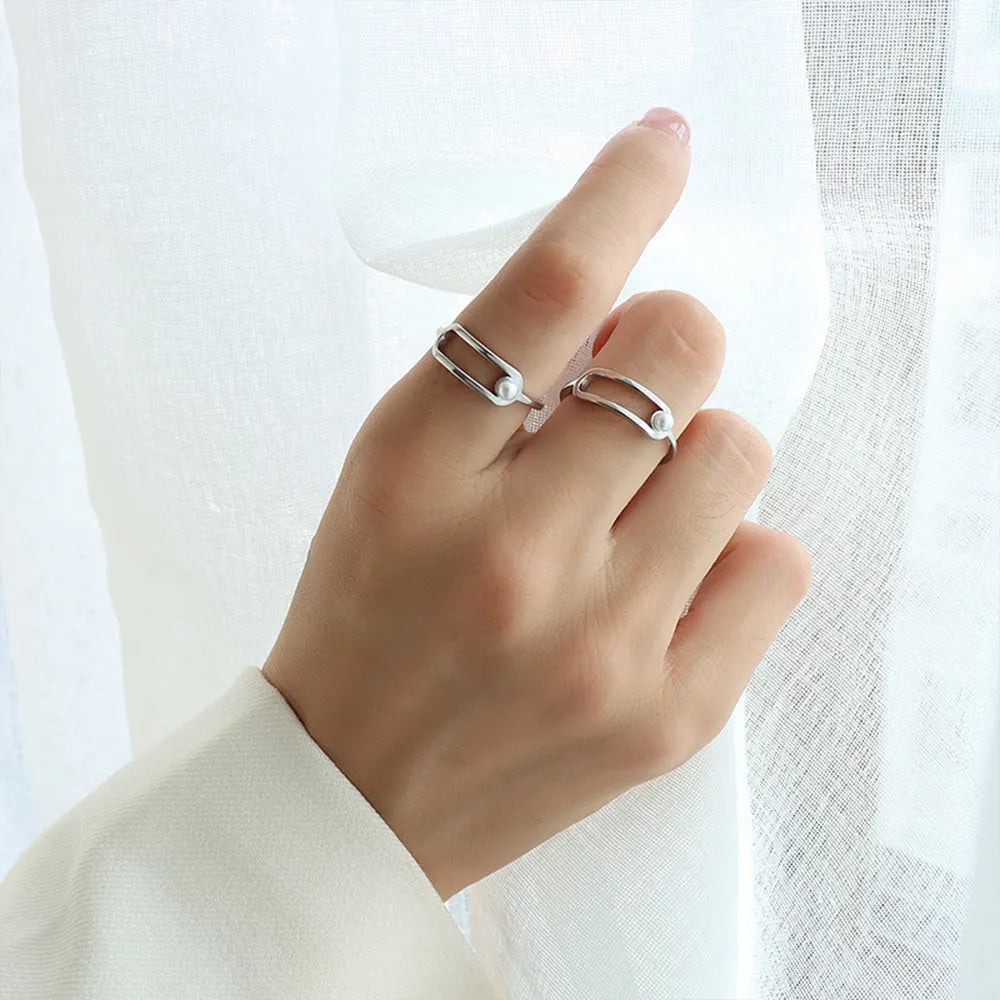 Synthetic Pearl Titanium Steel Ring - alternate ring view
