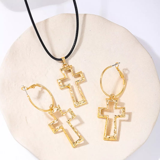 Cross Pendant Necklace & Hoop Earrings Set in Golden - women's pendant necklace