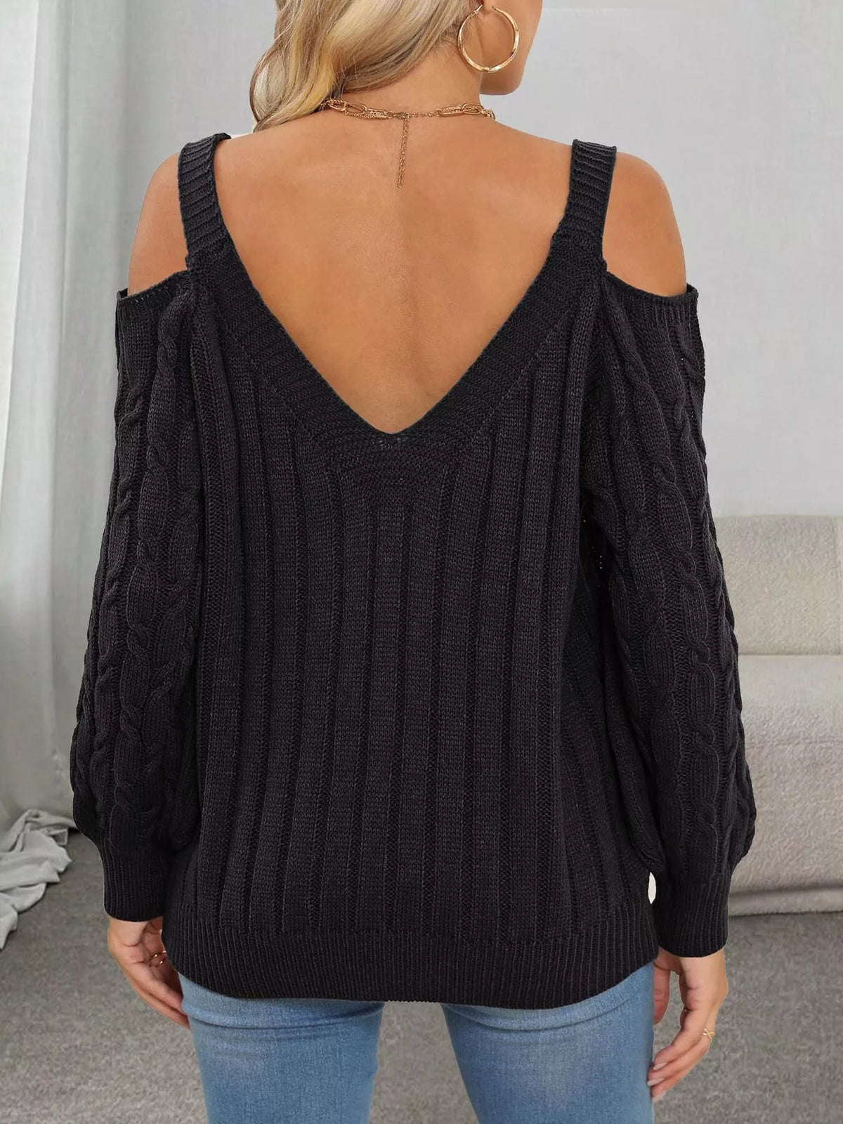 Floral Applique Cold Shoulder Cable-Knit Sweater in Black - women's sweater