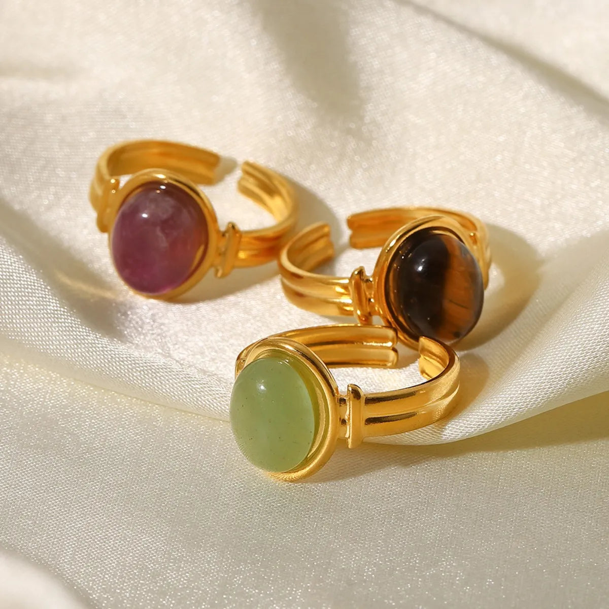 Vintage Natural Stone Gold-Plated Adjustable Ring in Matcha Green - women's ring