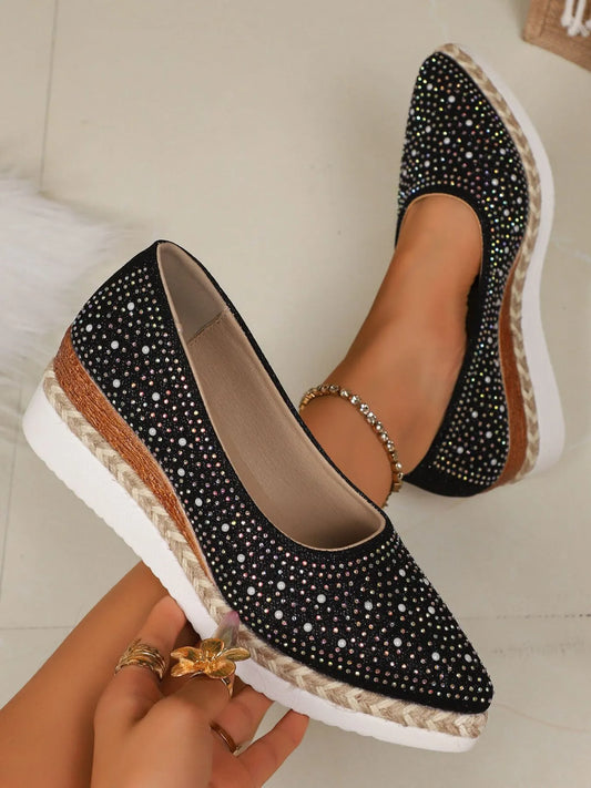 Rhinestone Pointed-Toe Wedge Slip-Ons in Black - women's heels