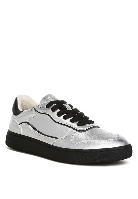 Introducing our Metallic Everyday Sneakers, designed with a durable TPR sole and comfortable cushion insole. These lace-up sneakers feature a stylish contrasting back panel, closed round toe, and flat heels, making them perfect for any casual outing. Crafted from metallic faux leather, they add a touch of shine to your look! Free shipping on all orders. Shop now!