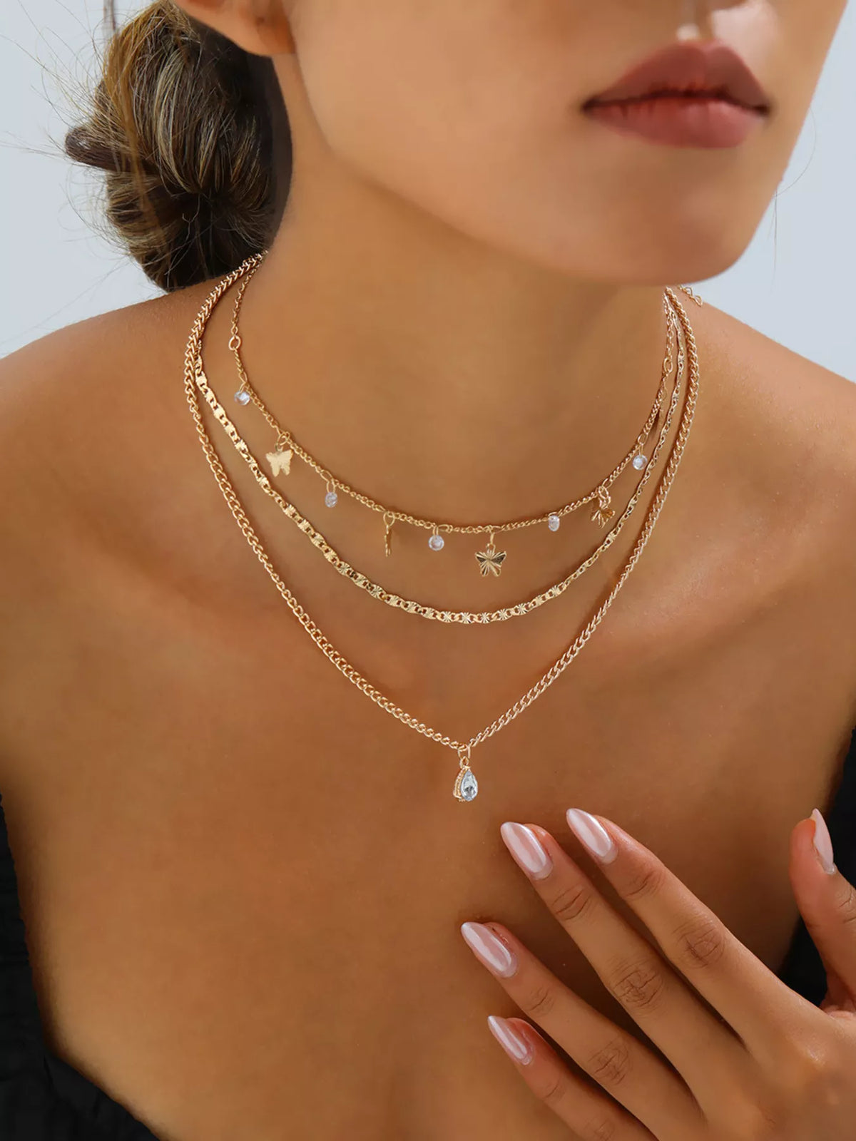 Layered Alloy Necklace with Butterfly and Zircon Charms - alternate necklace view