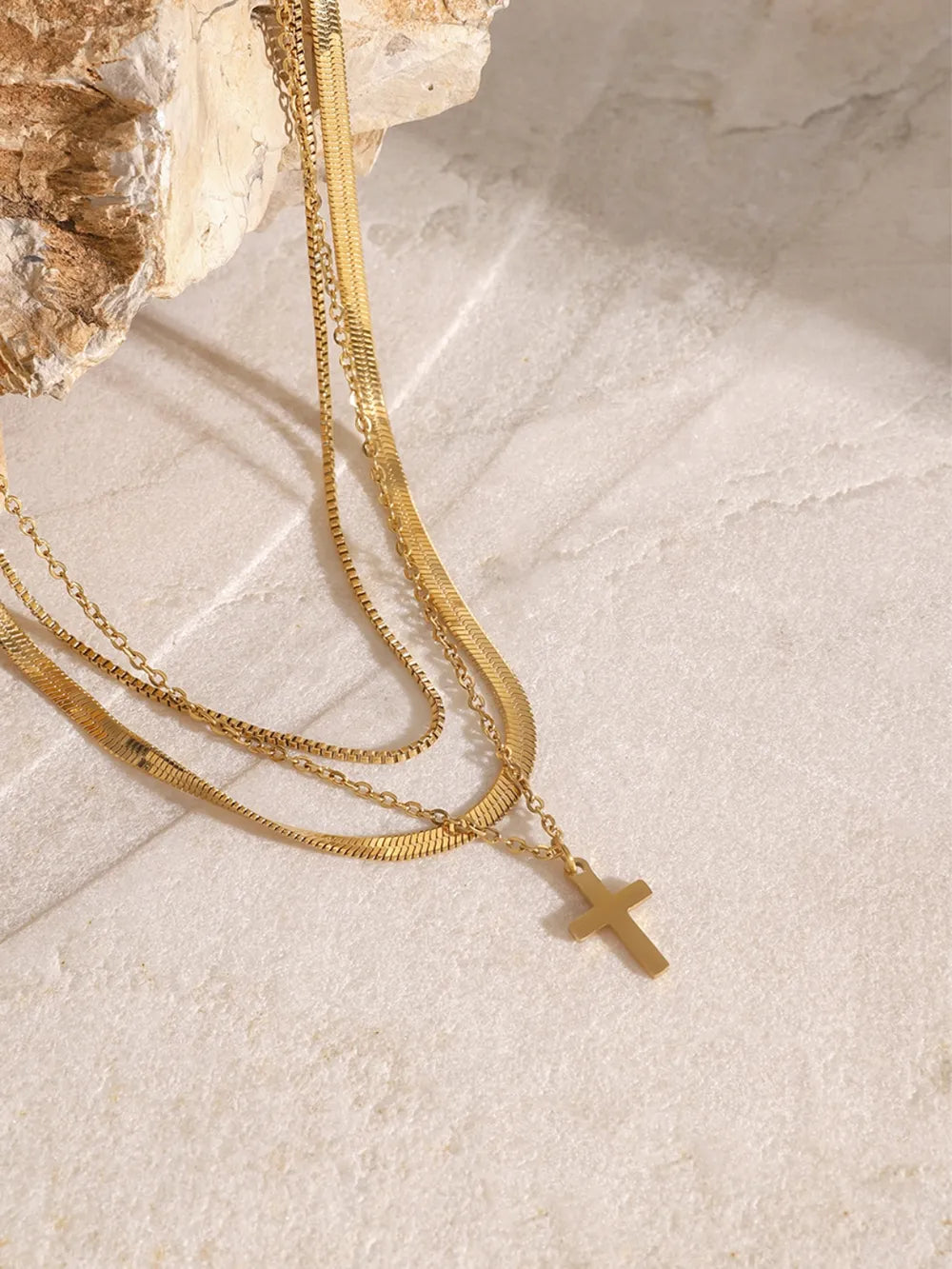 18K Gold-Plated Three-Layered Cross Necklace - alternate necklace view