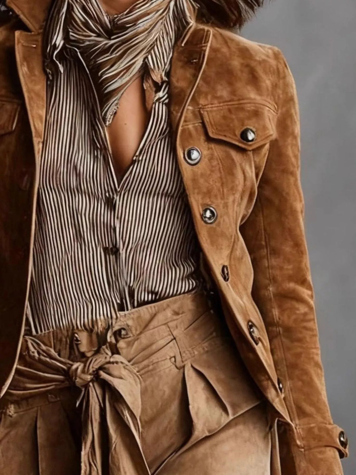 Full Size Suede Utility Blazer with Button-Front Detail Plus Size in Caramel - Blossom's