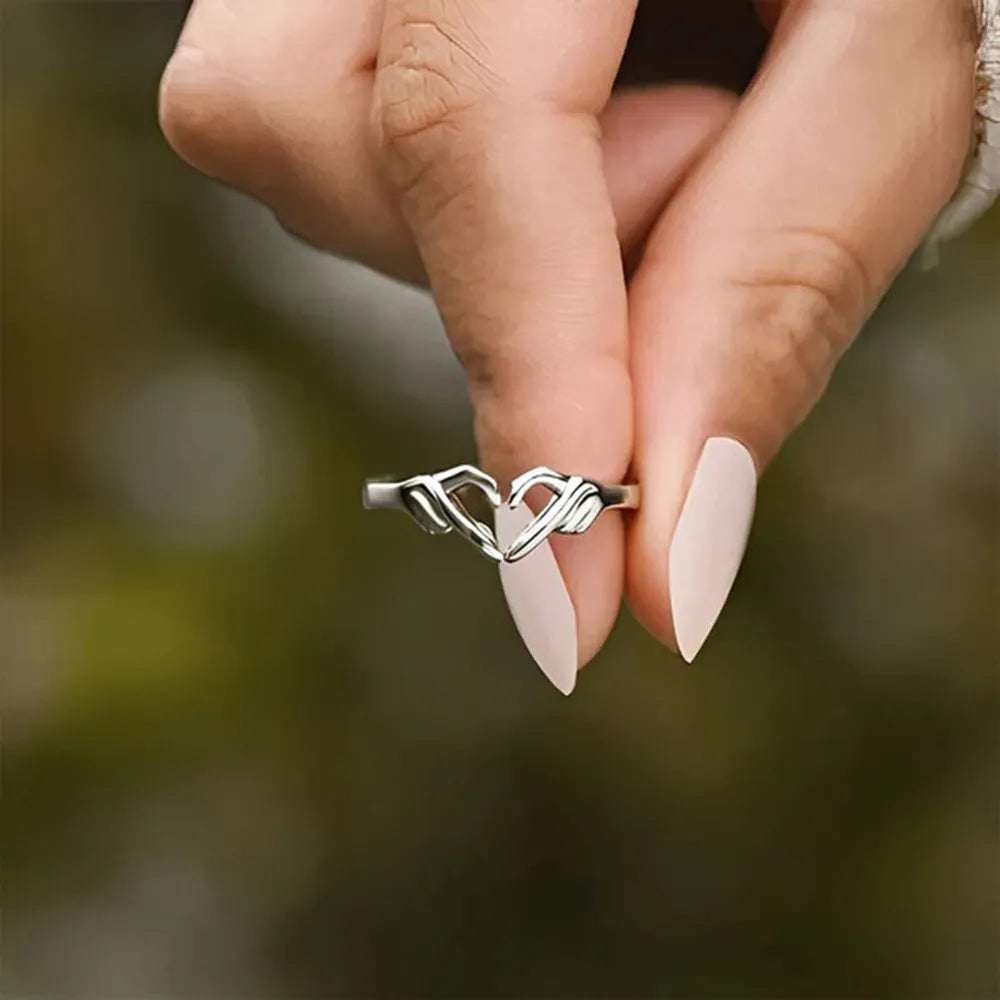 Hand Heart Shape Sterling Silver Open Ring - alternate ring view