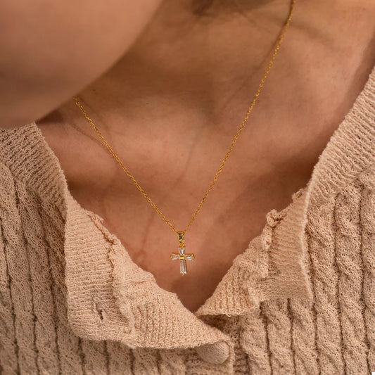 18K Gold-Plated Stainless Steel Zircon Cross Necklace - alternate necklace view