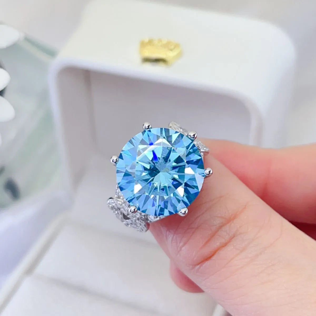 10 Carat Moissanite Sterling Silver Ring in Pastel Blue - women's ring