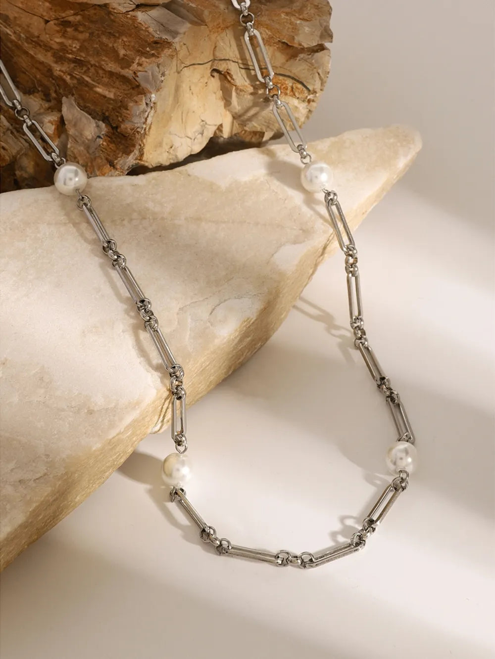 Stainless Steel Pearl Chain Necklace - alternate necklace view