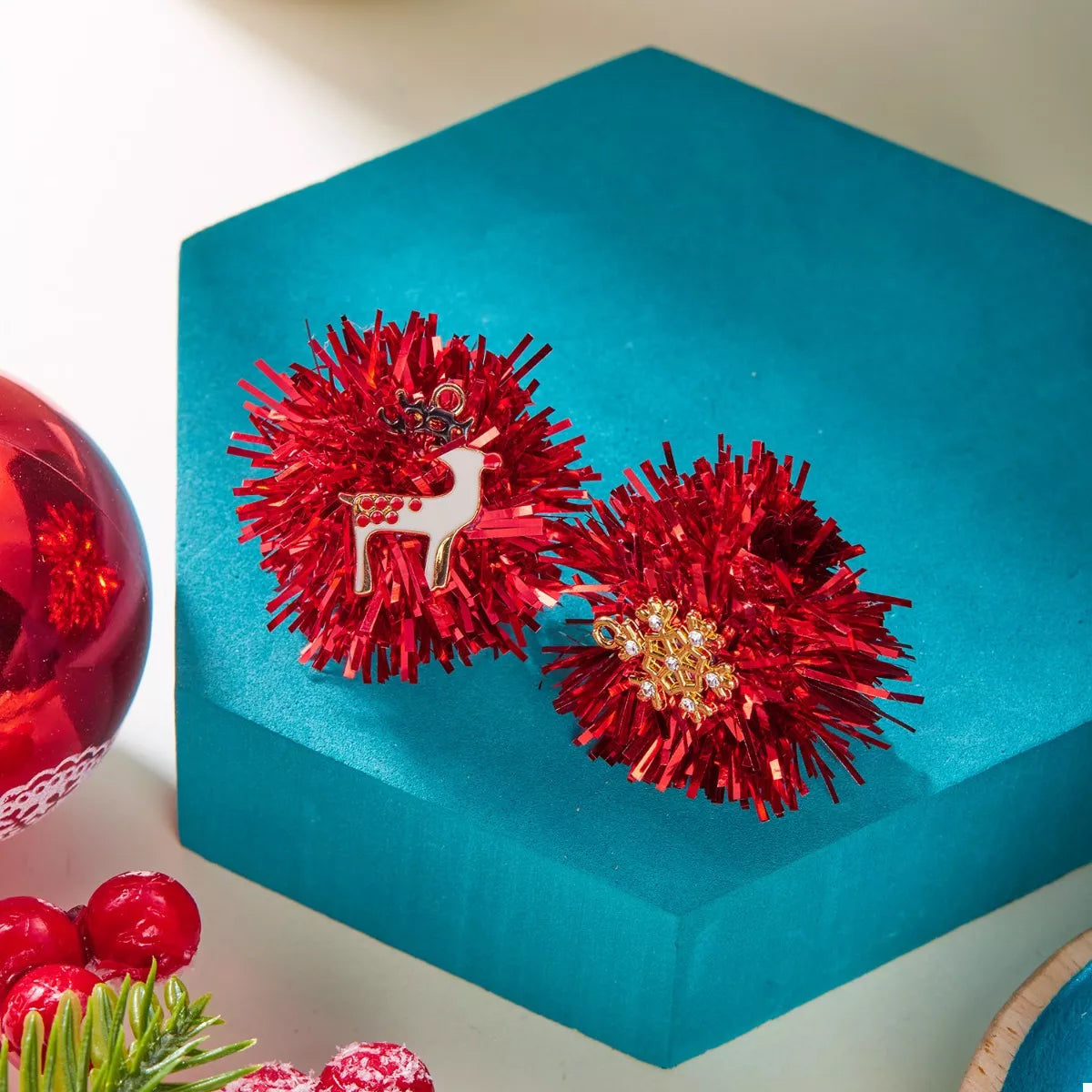 Christmas Asymmetrical Tinsel Ball Earrings - alternate earring view
