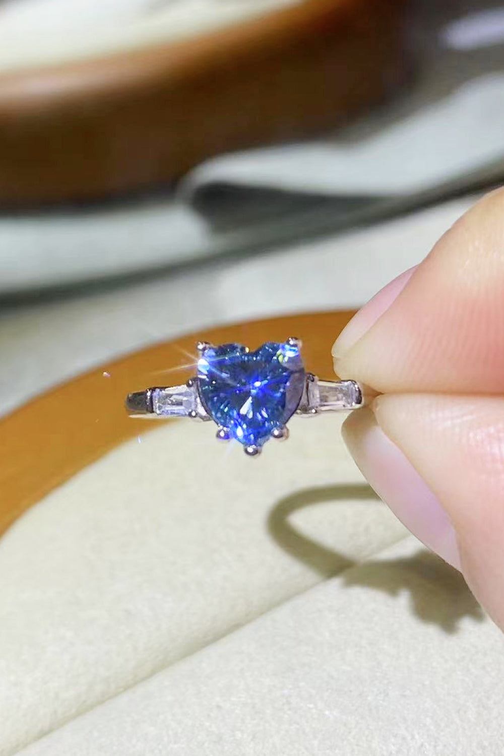 1 Carat Moissanite Heart-Shaped Platinum-Plated Ring in Blue in Blue - women's ring