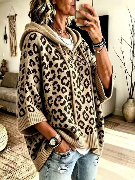 Drawstring Leopard Hooded Sweater in Khaki - women's hooded sweater