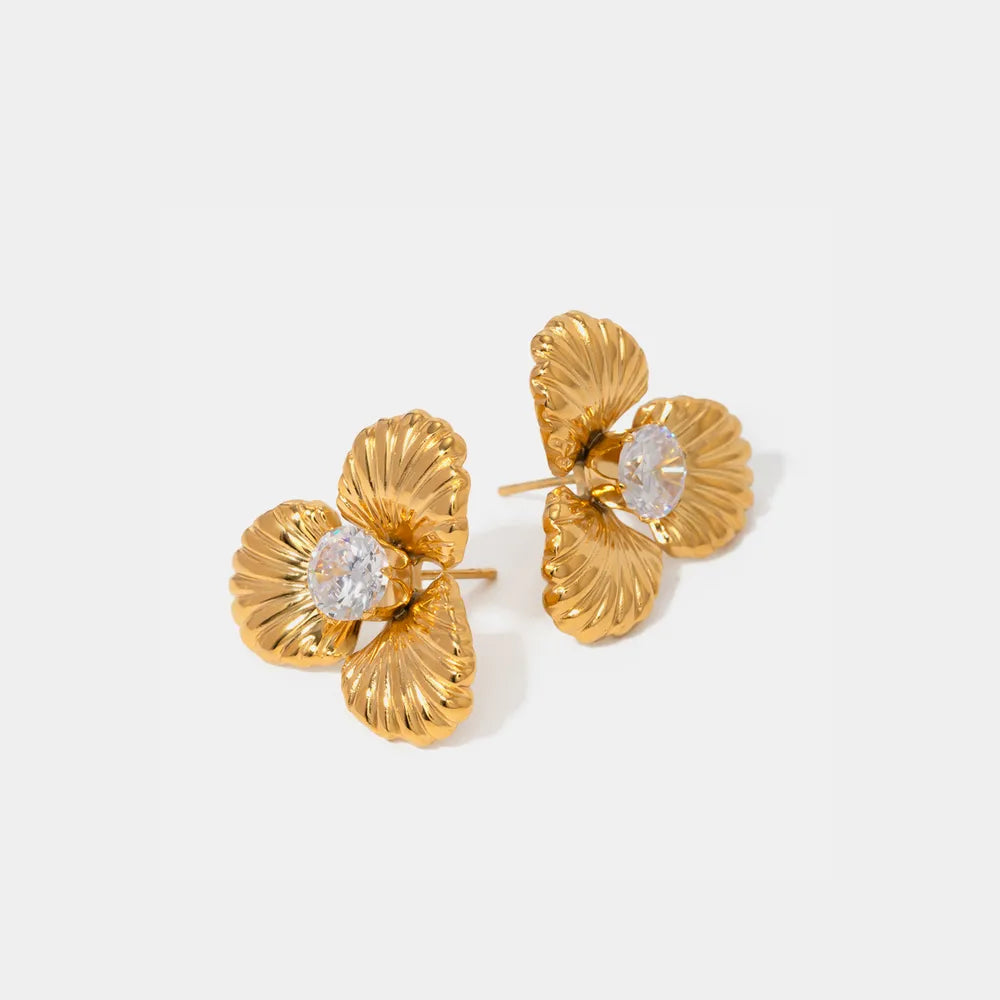 Stainless Steel Zircon Flower Shape Earrings in Gold - women's earrings