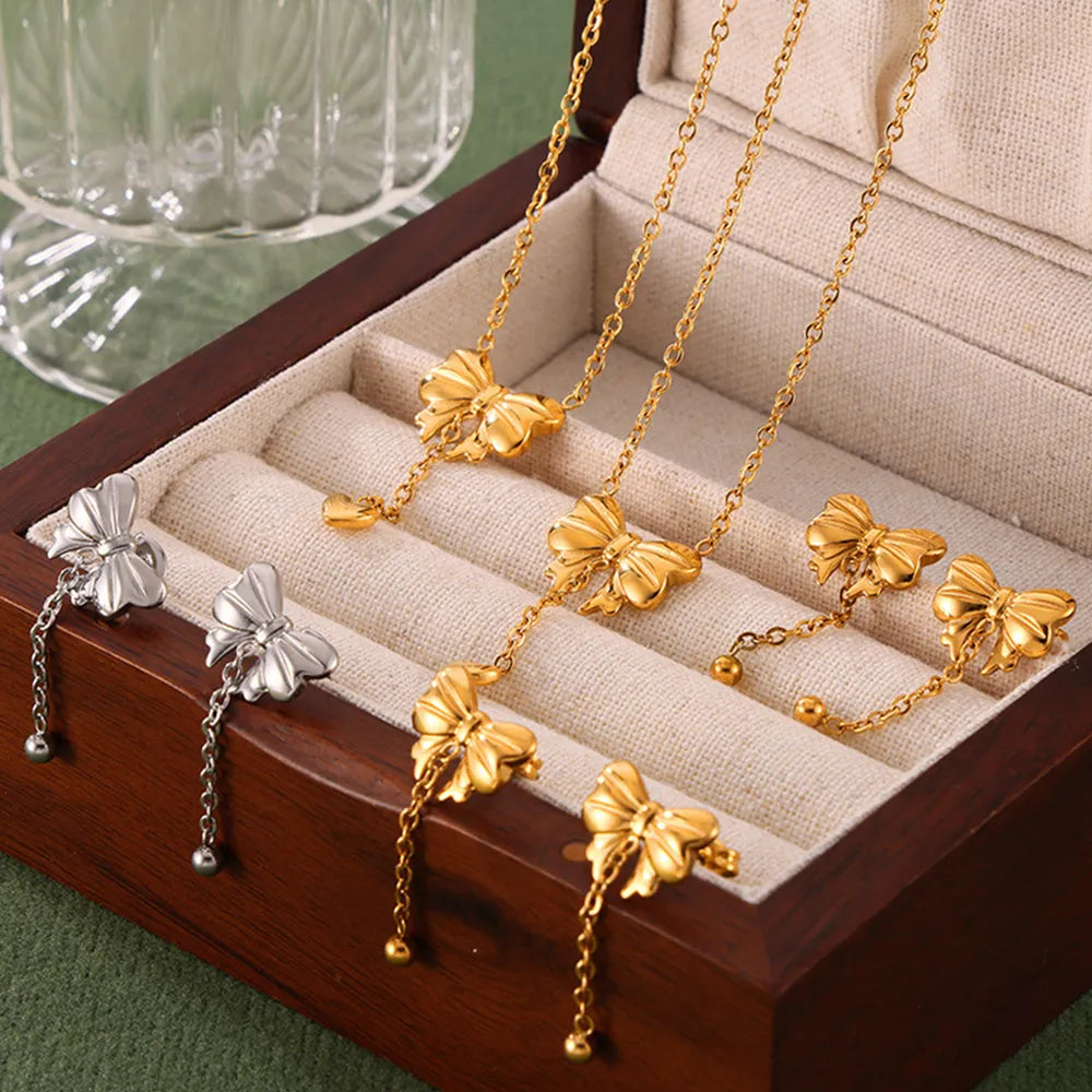 Titanium Steel Gold-Plated Bow Pendant Necklace - alternate necklace view