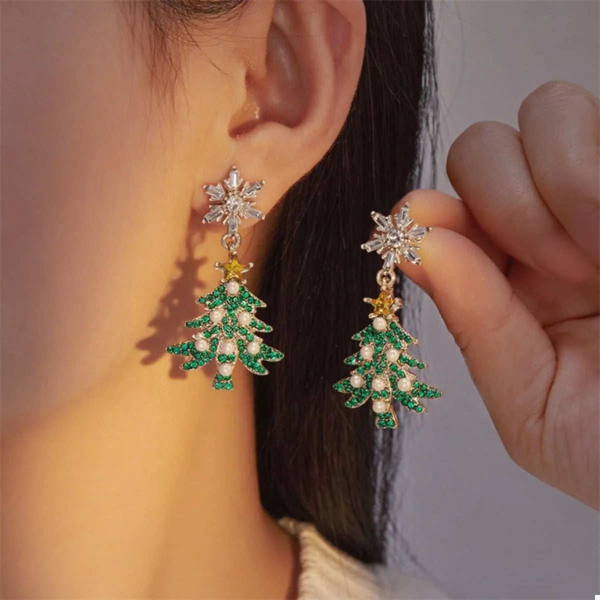 Christmas Tree Snowflake Dangle Earrings - alternate earring view